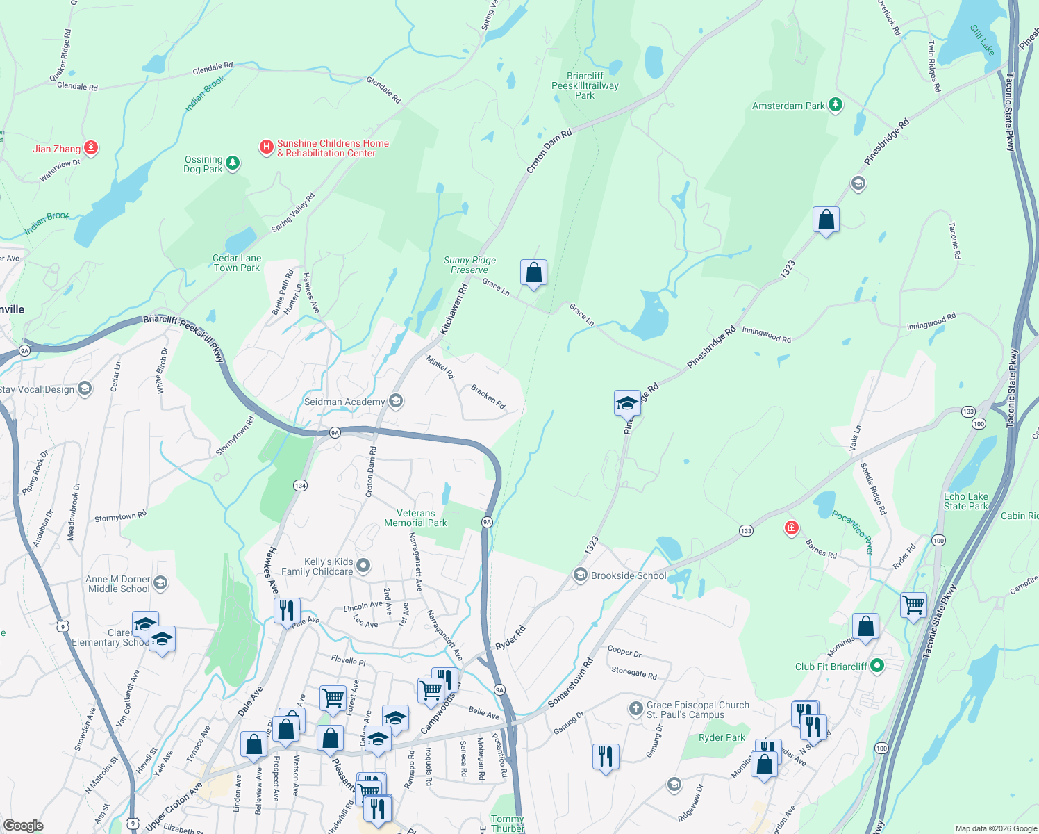 map of restaurants, bars, coffee shops, grocery stores, and more near 40 Minkel Road in Ossining
