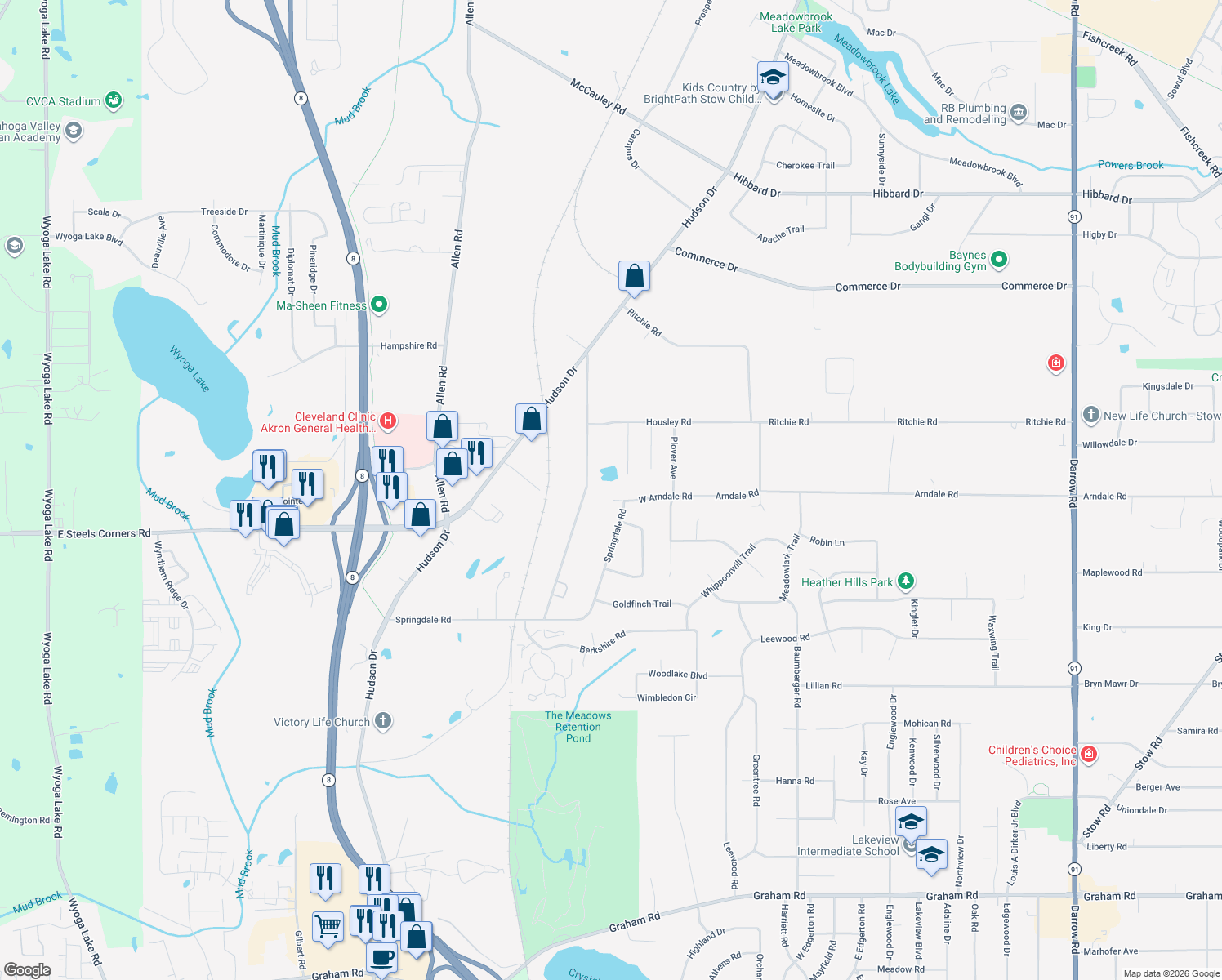 map of restaurants, bars, coffee shops, grocery stores, and more near 1177 West Arndale Road in Stow