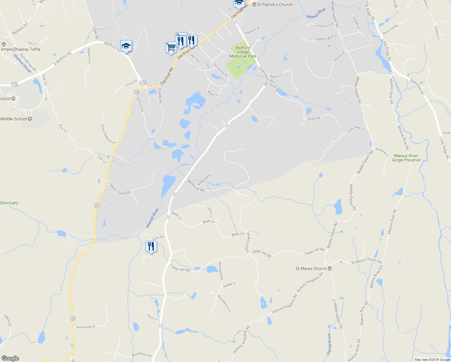 map of restaurants, bars, coffee shops, grocery stores, and more near 66 Millbrook Road in Bedford