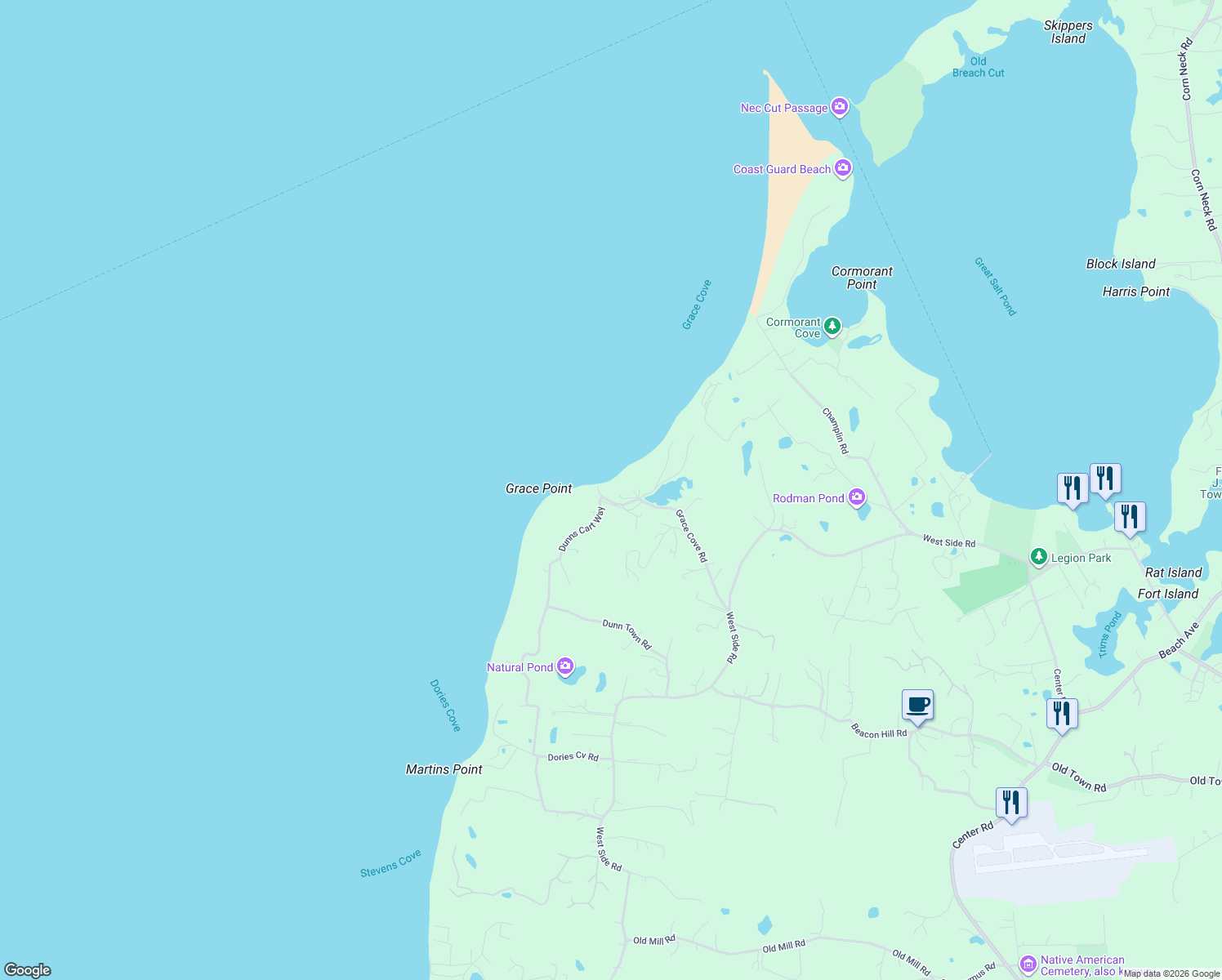 map of restaurants, bars, coffee shops, grocery stores, and more near 1210 Grace Cove Road in New Shoreham