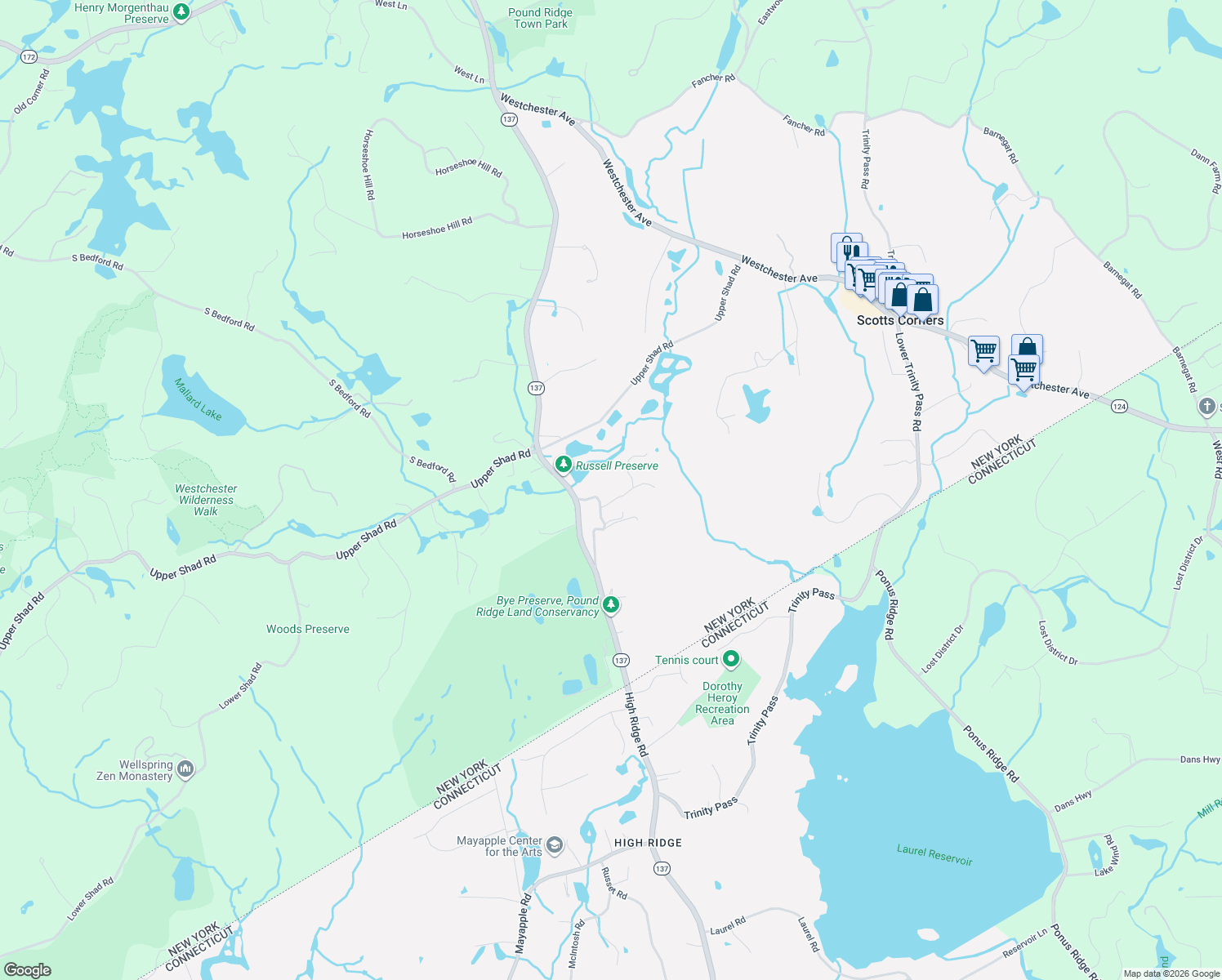 map of restaurants, bars, coffee shops, grocery stores, and more near 35 Old Snake Hill Road in Pound Ridge