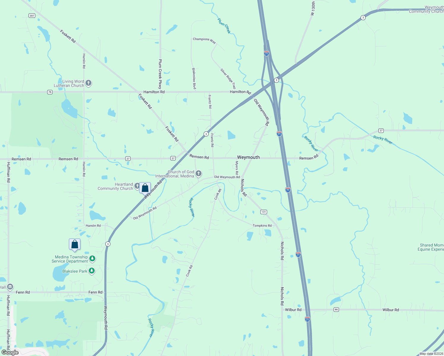 map of restaurants, bars, coffee shops, grocery stores, and more near 3384 Weymouth Road in Medina