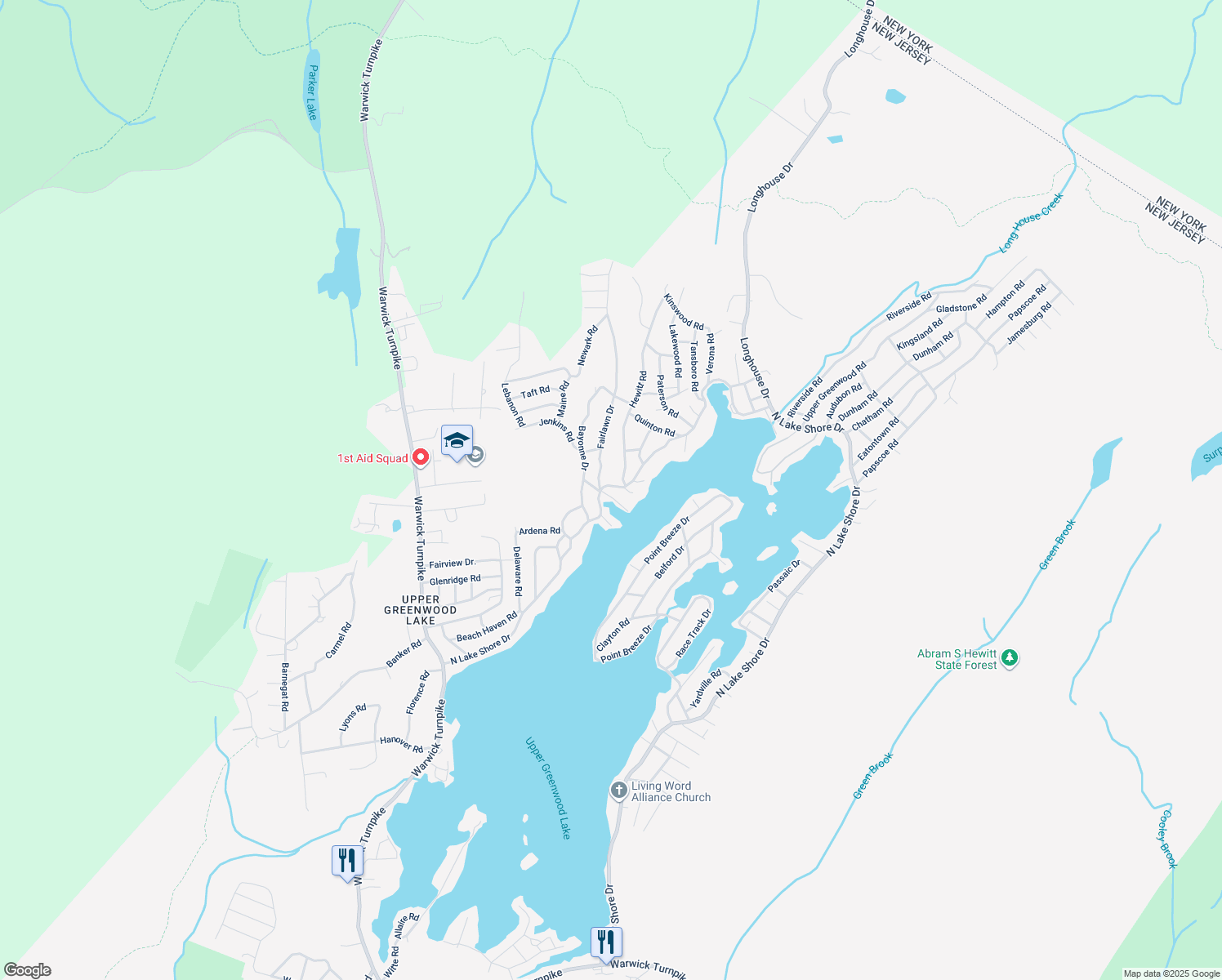 map of restaurants, bars, coffee shops, grocery stores, and more near 1 Hewitt Road in West Milford