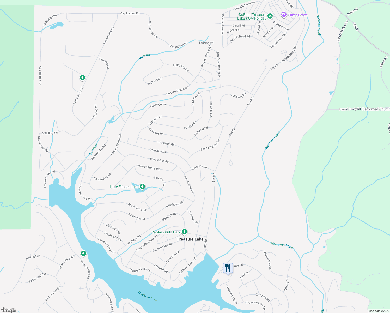 map of restaurants, bars, coffee shops, grocery stores, and more near 84 Pointe D'Enfer Road in DuBois