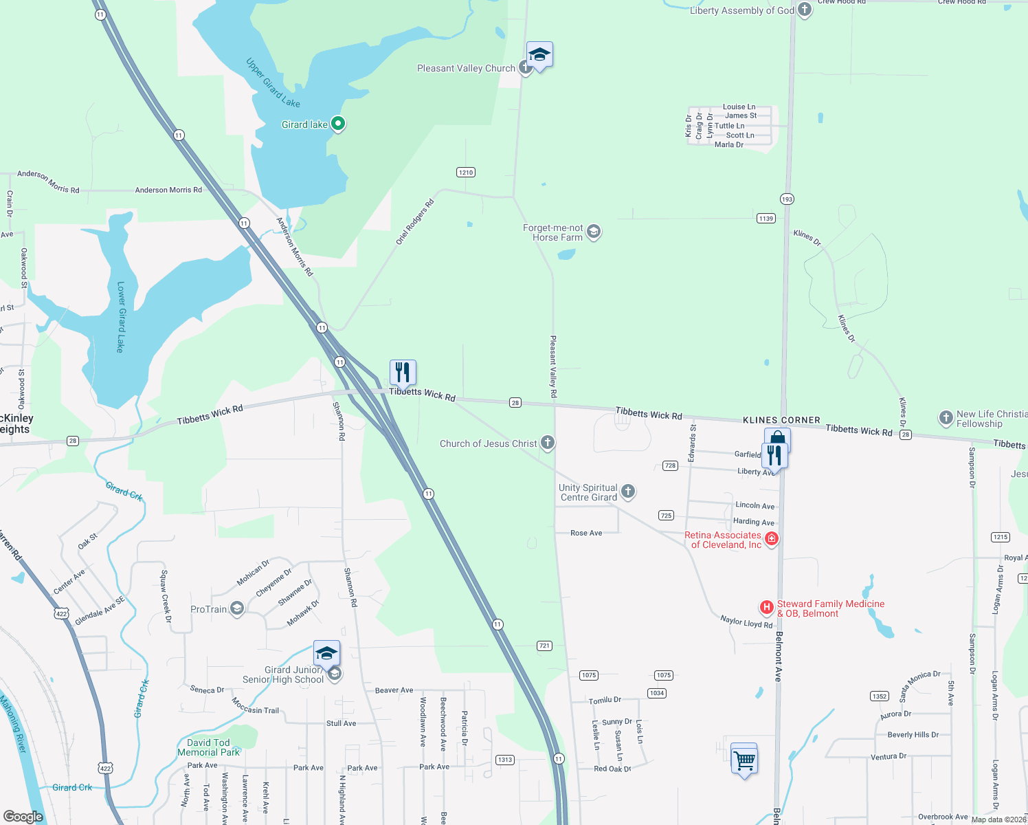 map of restaurants, bars, coffee shops, grocery stores, and more near 1331 Tibbetts Wick Rd in Girard