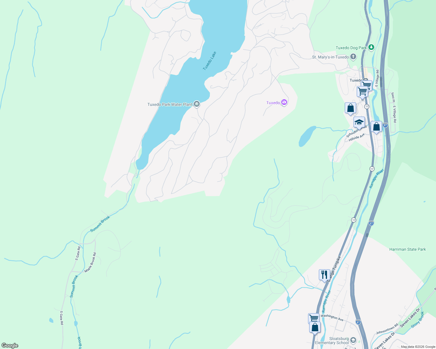 map of restaurants, bars, coffee shops, grocery stores, and more near 120 Ridge Road in Tuxedo Park