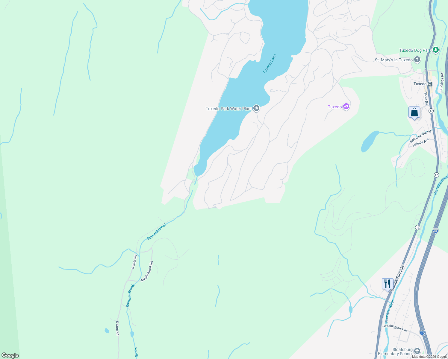 map of restaurants, bars, coffee shops, grocery stores, and more near 59 Crows Nest Road in Tuxedo Park