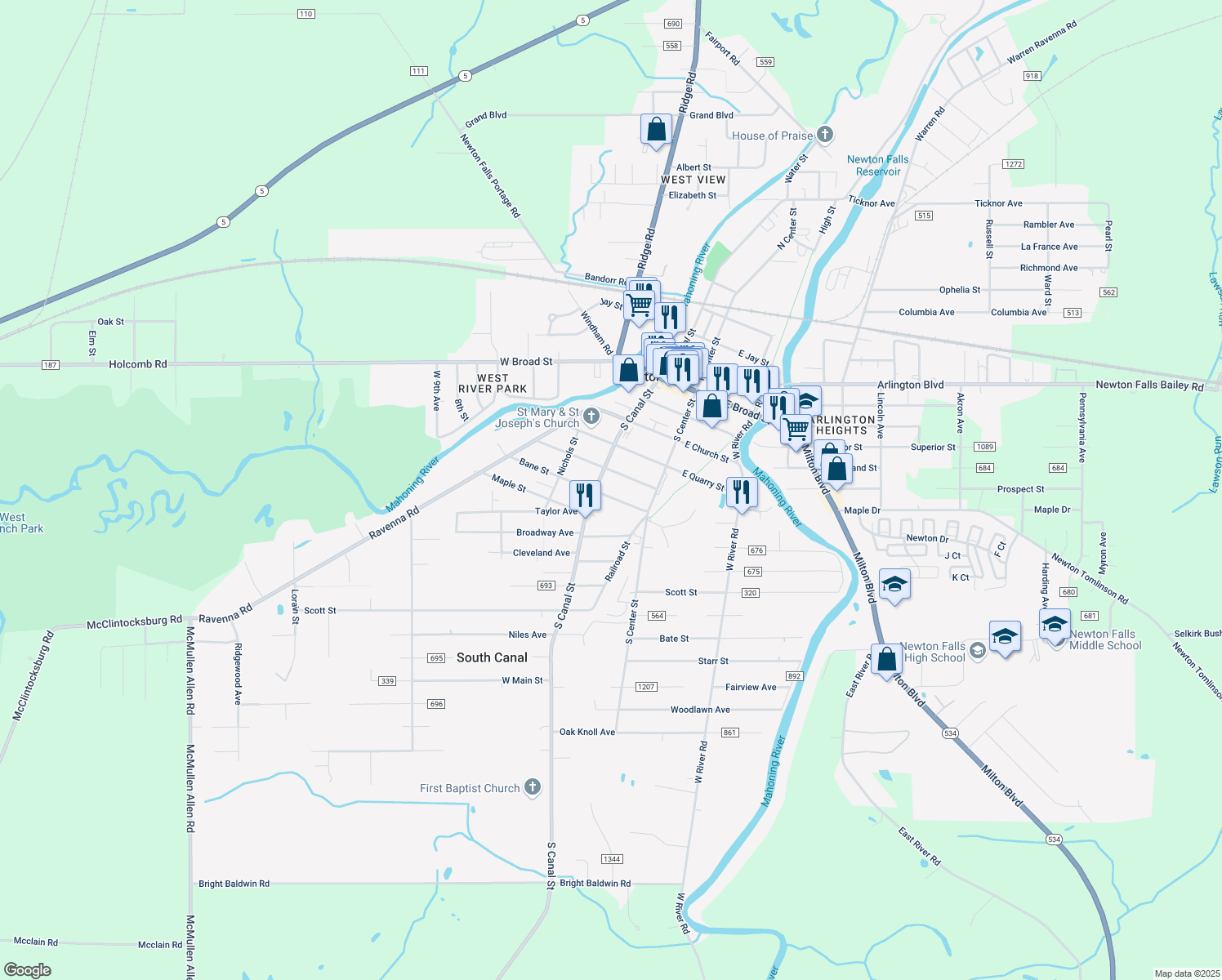 map of restaurants, bars, coffee shops, grocery stores, and more near 55 Bane Street in Newton Falls