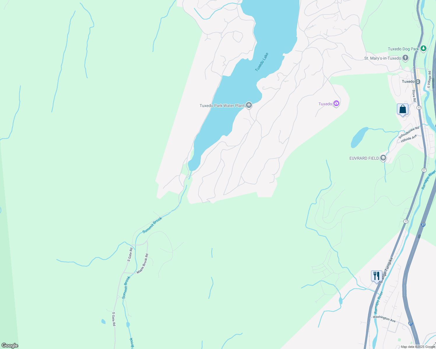map of restaurants, bars, coffee shops, grocery stores, and more near 59 Crows Nest Road in Tuxedo Park