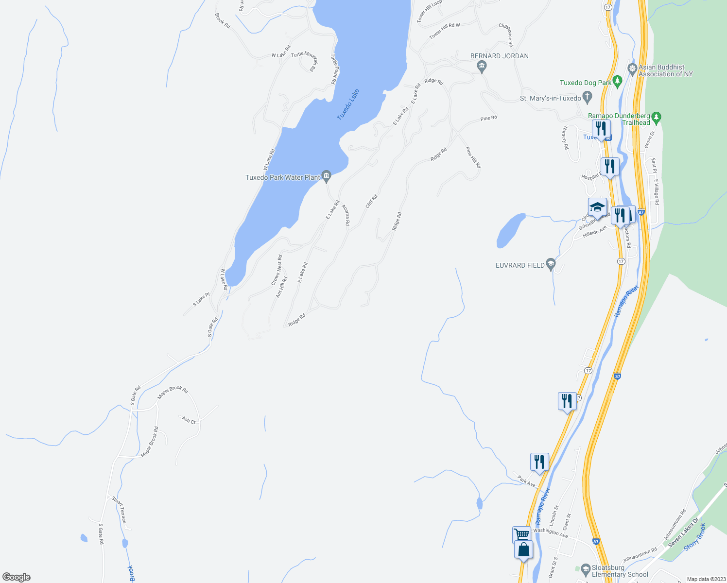 map of restaurants, bars, coffee shops, grocery stores, and more near 120 Ridge Road in Tuxedo Park