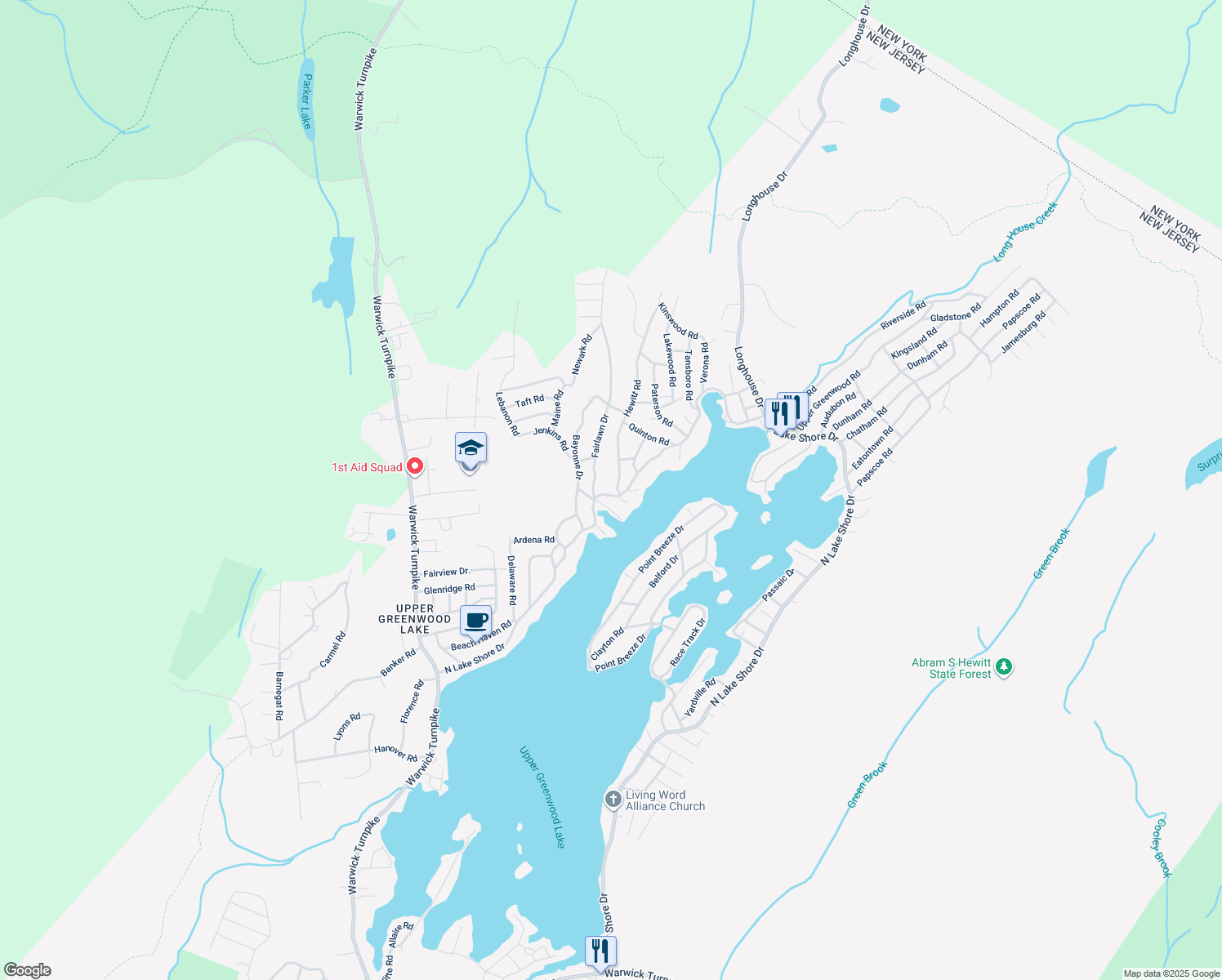 map of restaurants, bars, coffee shops, grocery stores, and more near 1 Hewitt Road in West Milford