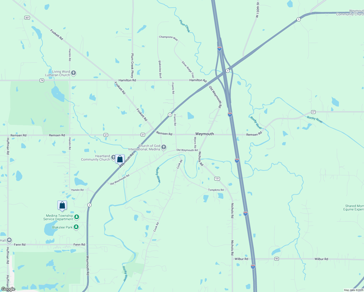 map of restaurants, bars, coffee shops, grocery stores, and more near 3384 Weymouth Road in Medina