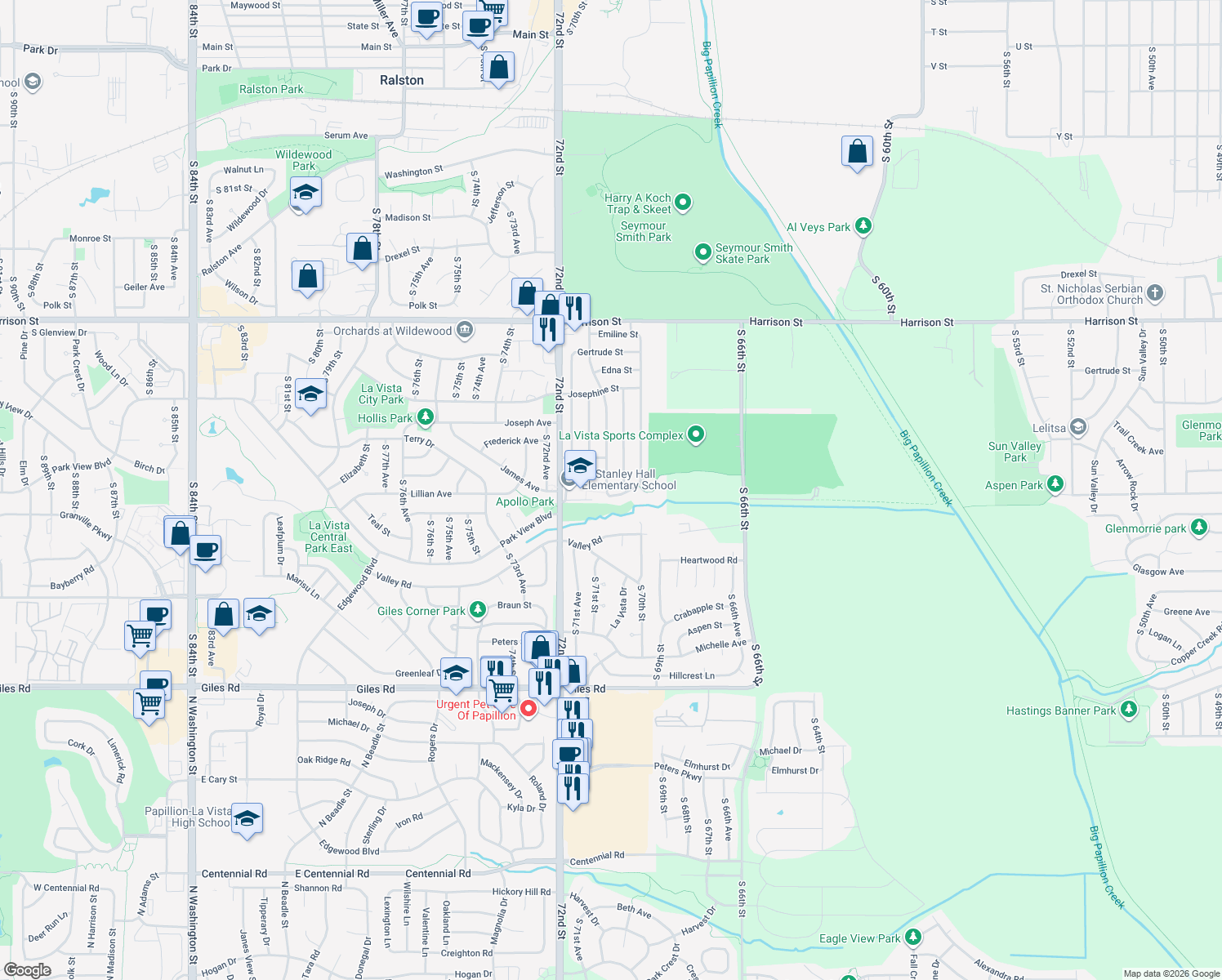 map of restaurants, bars, coffee shops, grocery stores, and more near 7438 South 69th Street in La Vista