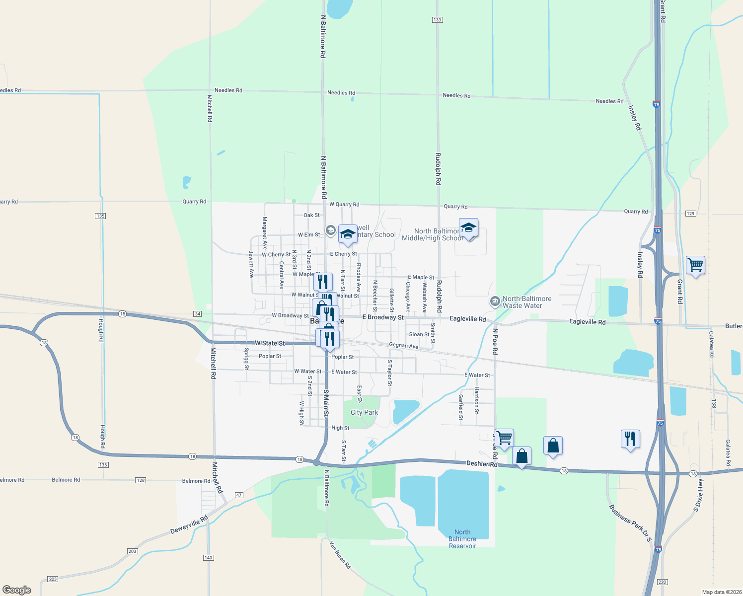 map of restaurants, bars, coffee shops, grocery stores, and more near 315 E Walnut St in North Baltimore