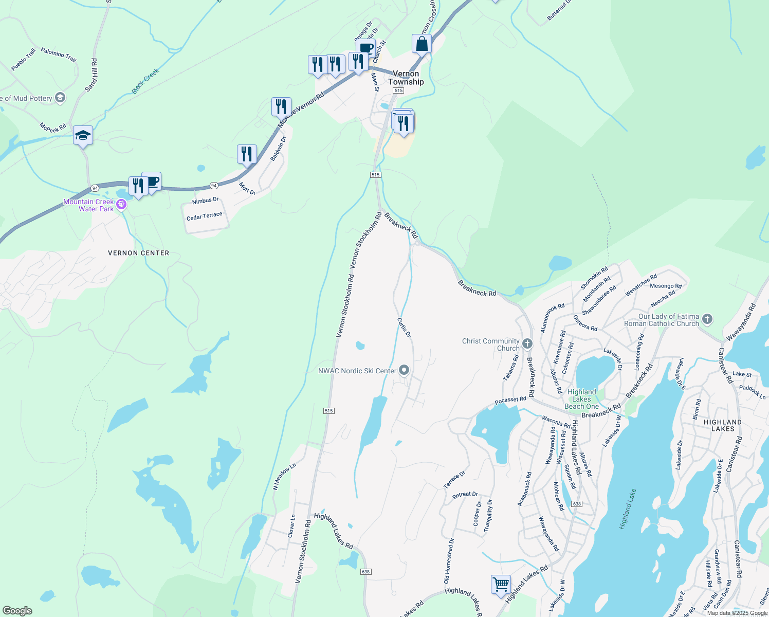 map of restaurants, bars, coffee shops, grocery stores, and more near 12 Curtis Drive in Vernon Township
