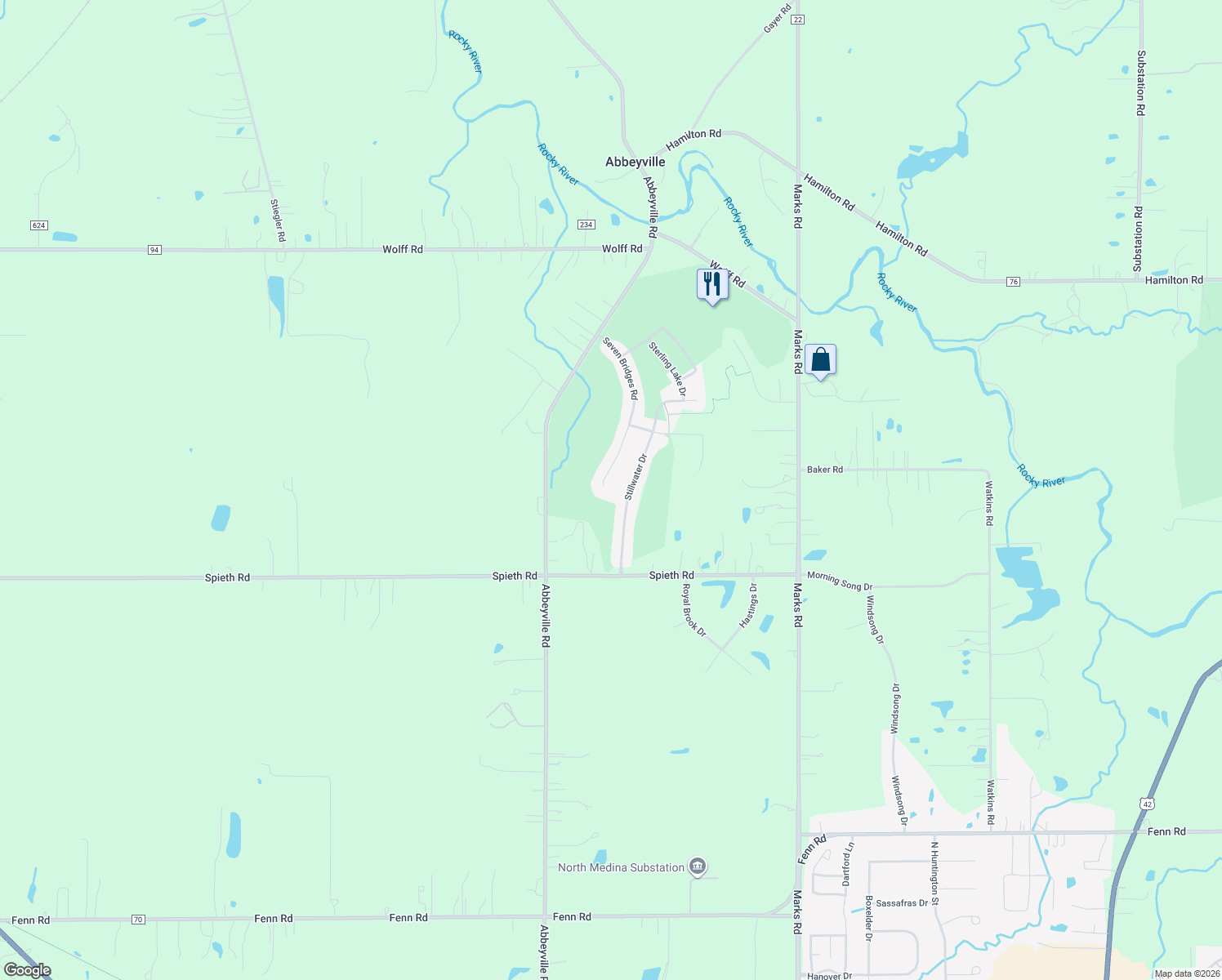 map of restaurants, bars, coffee shops, grocery stores, and more near 3295 Seven Bridges Road in Medina