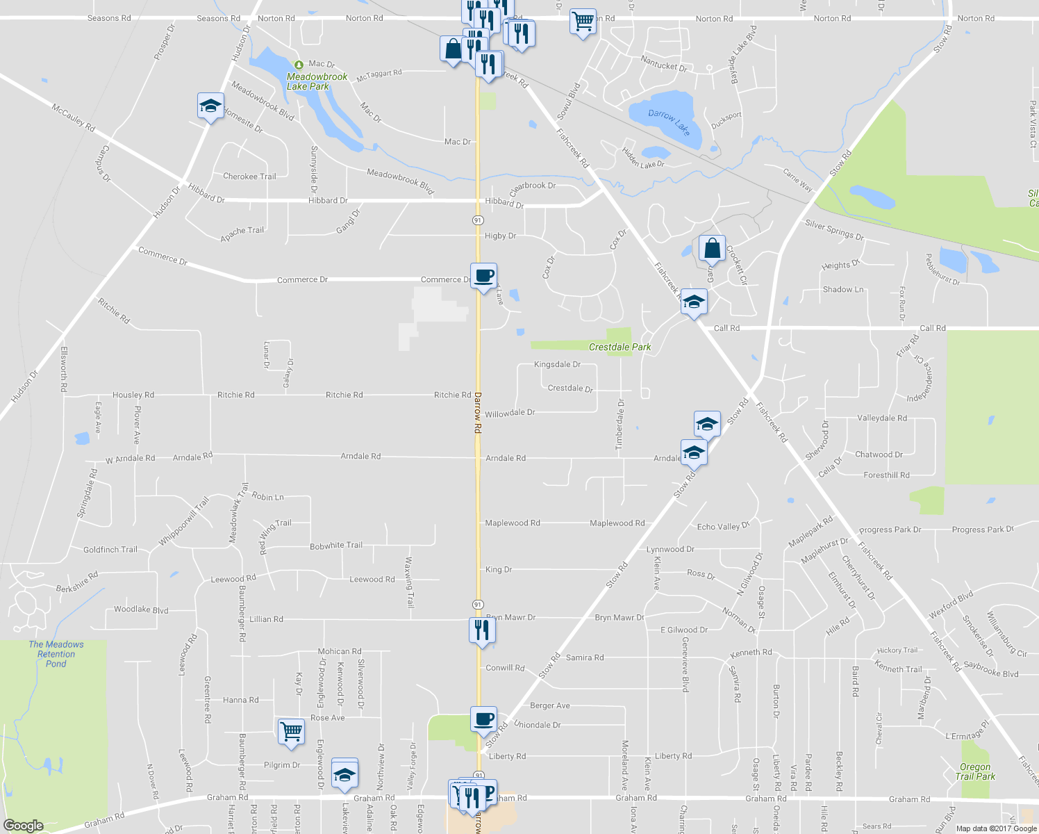 map of restaurants, bars, coffee shops, grocery stores, and more near 1956 Willowdale Drive in Stow