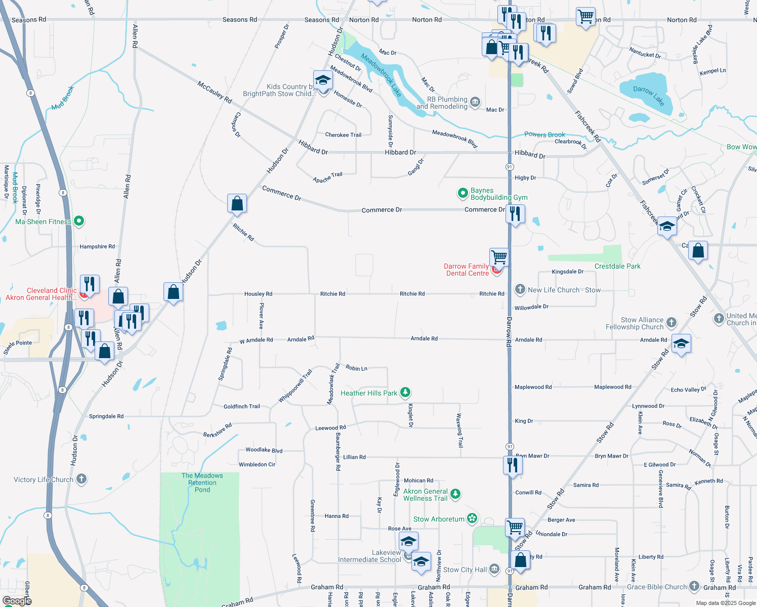map of restaurants, bars, coffee shops, grocery stores, and more near 1632 Ritchie Road in Stow