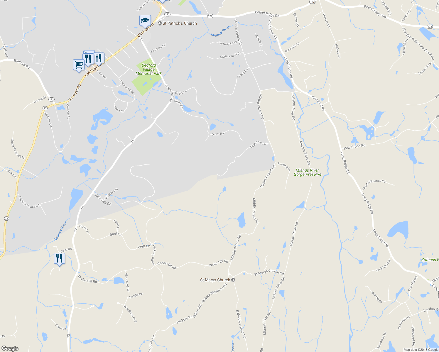 map of restaurants, bars, coffee shops, grocery stores, and more near 120 Little Town Lane in Bedford