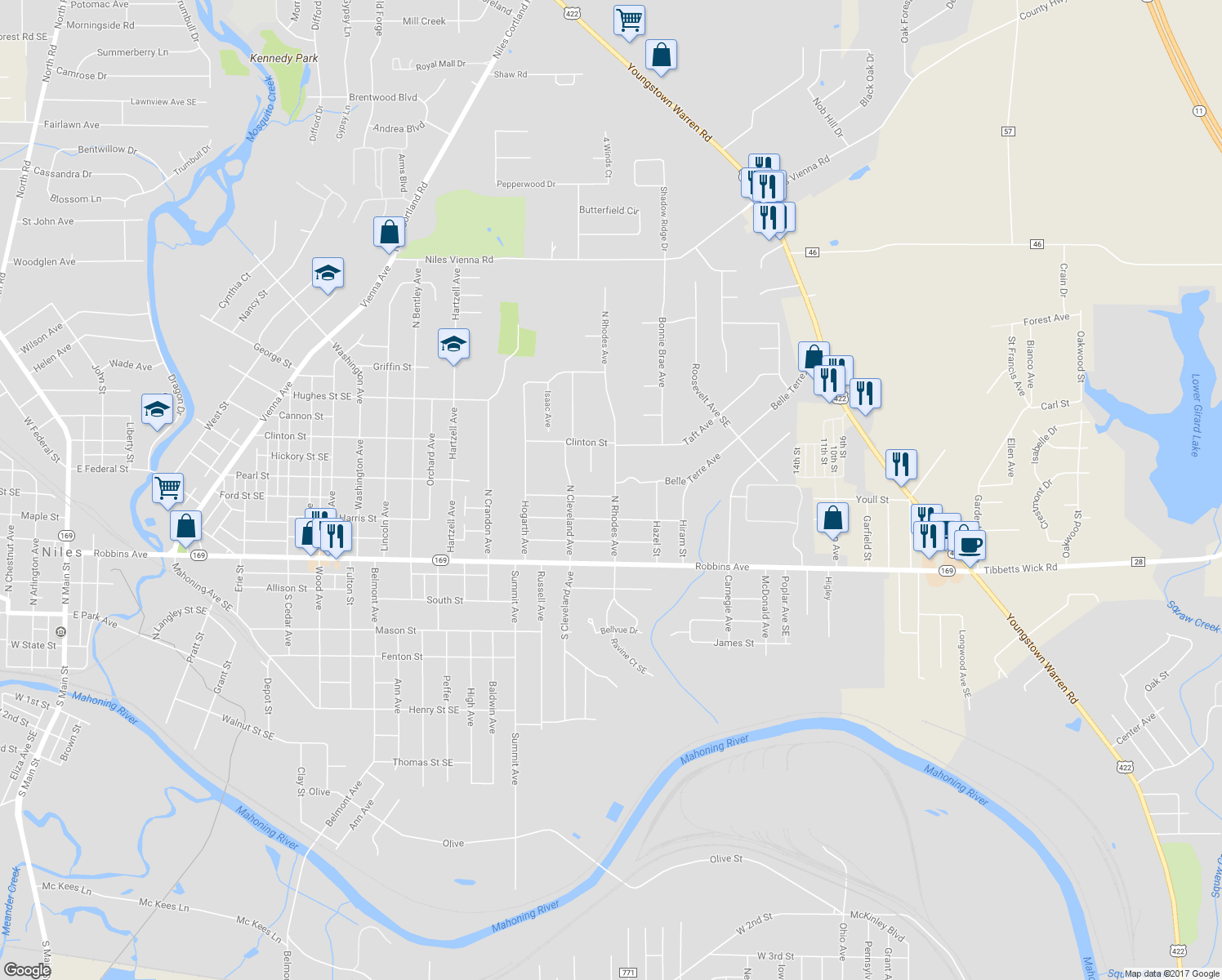 map of restaurants, bars, coffee shops, grocery stores, and more near 1458 Youll Street in Niles