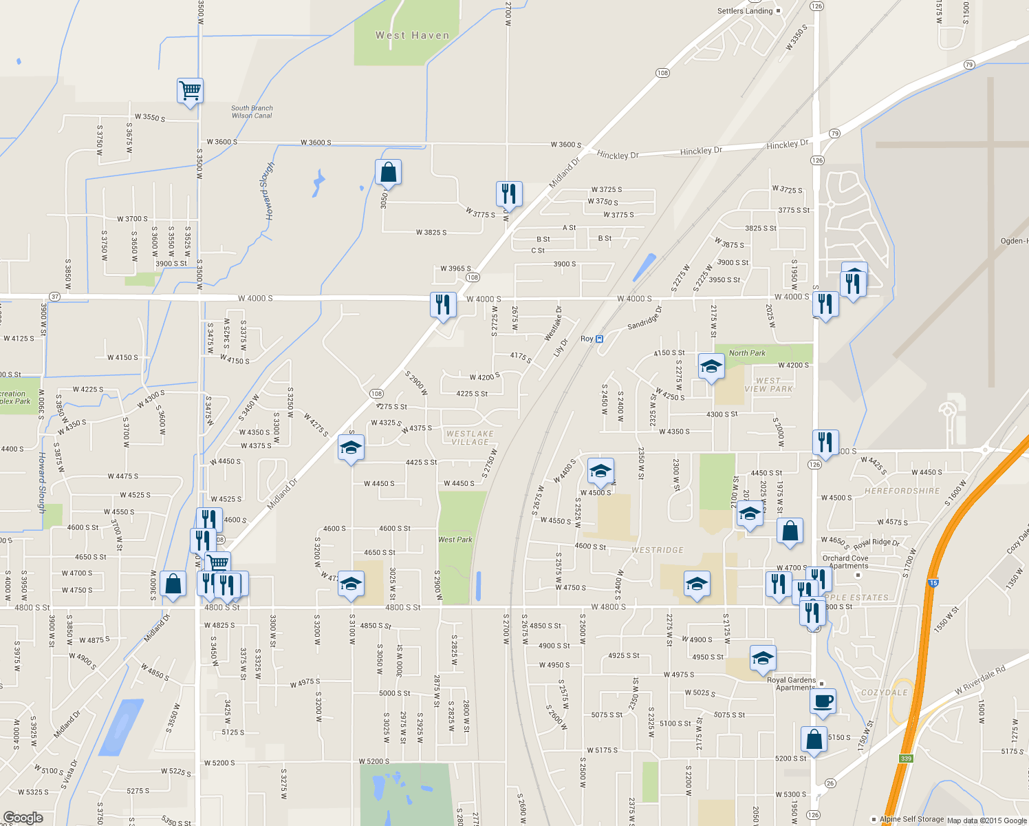 map of restaurants, bars, coffee shops, grocery stores, and more near 4297 Westlake Drive in Roy
