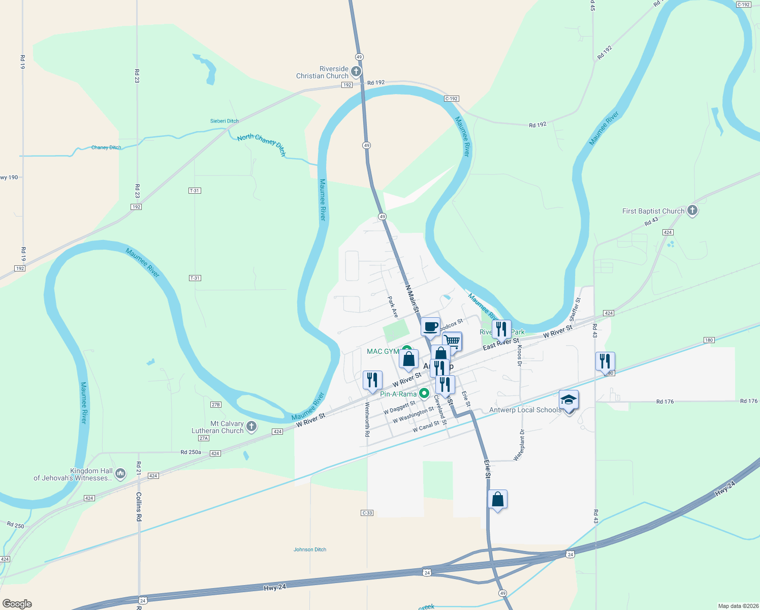 map of restaurants, bars, coffee shops, grocery stores, and more near 112 Maple Dr in Antwerp