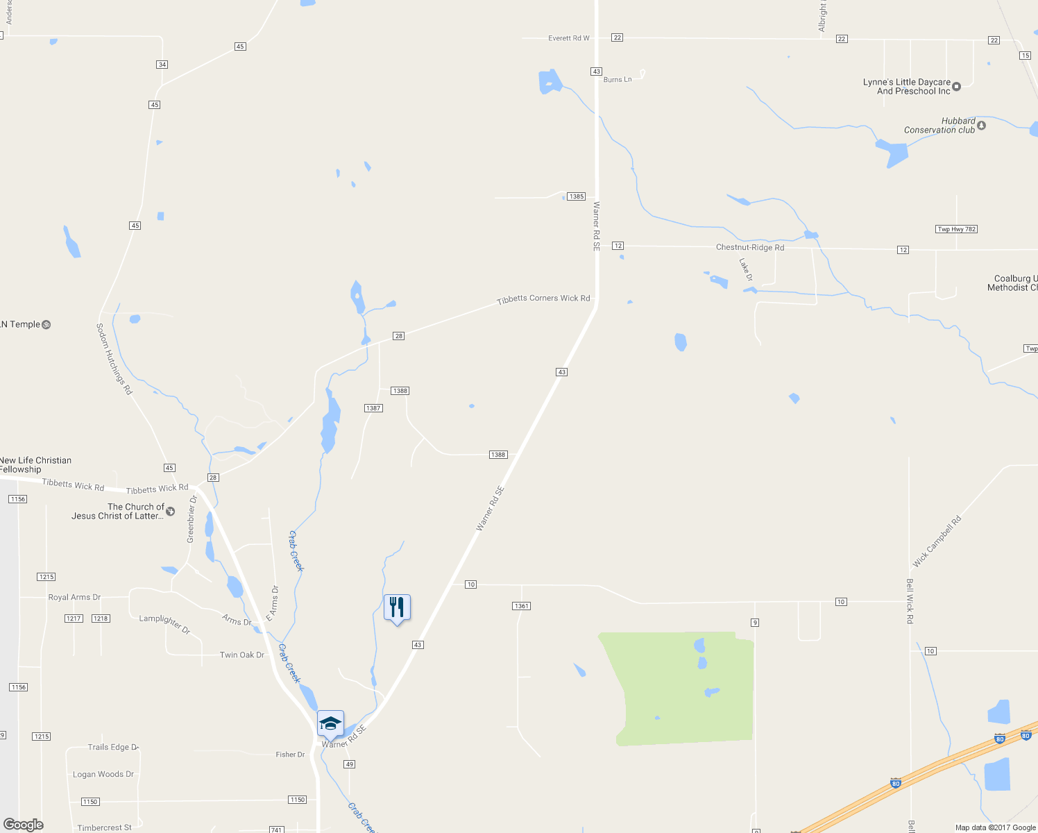 map of restaurants, bars, coffee shops, grocery stores, and more near 260 Warner Road Southeast in Hubbard