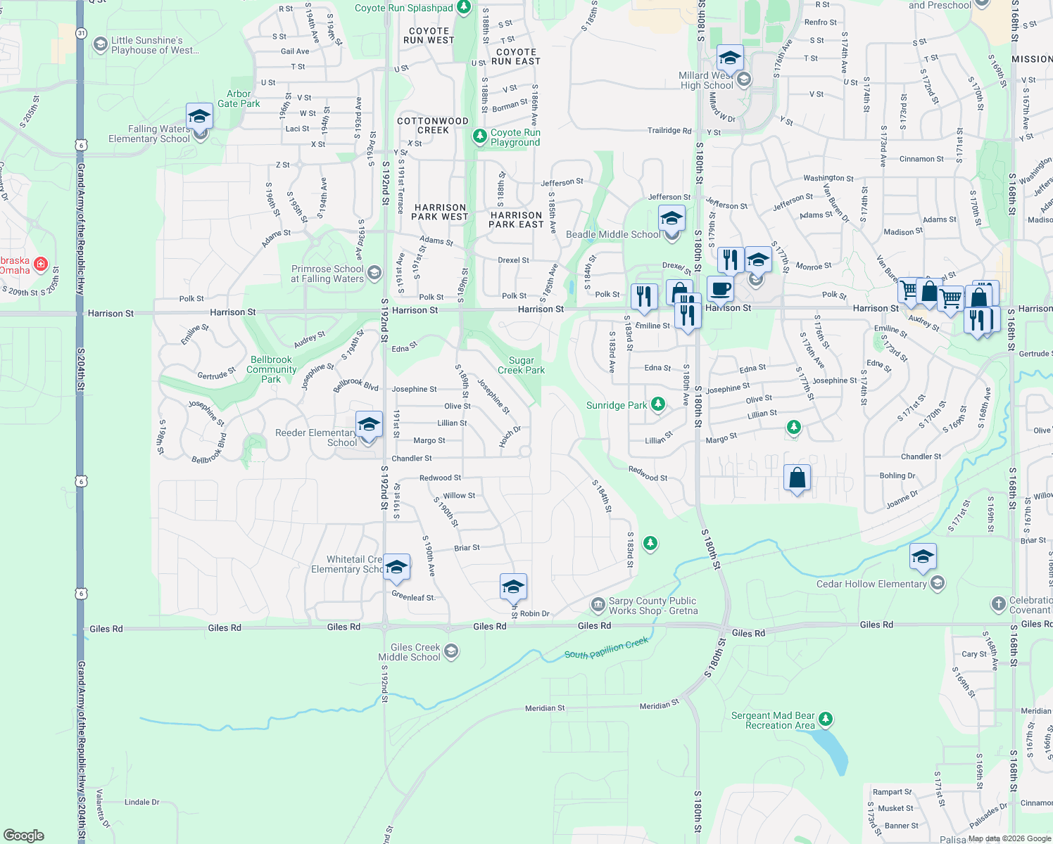 map of restaurants, bars, coffee shops, grocery stores, and more near 18602 Hoich Dr in Omaha