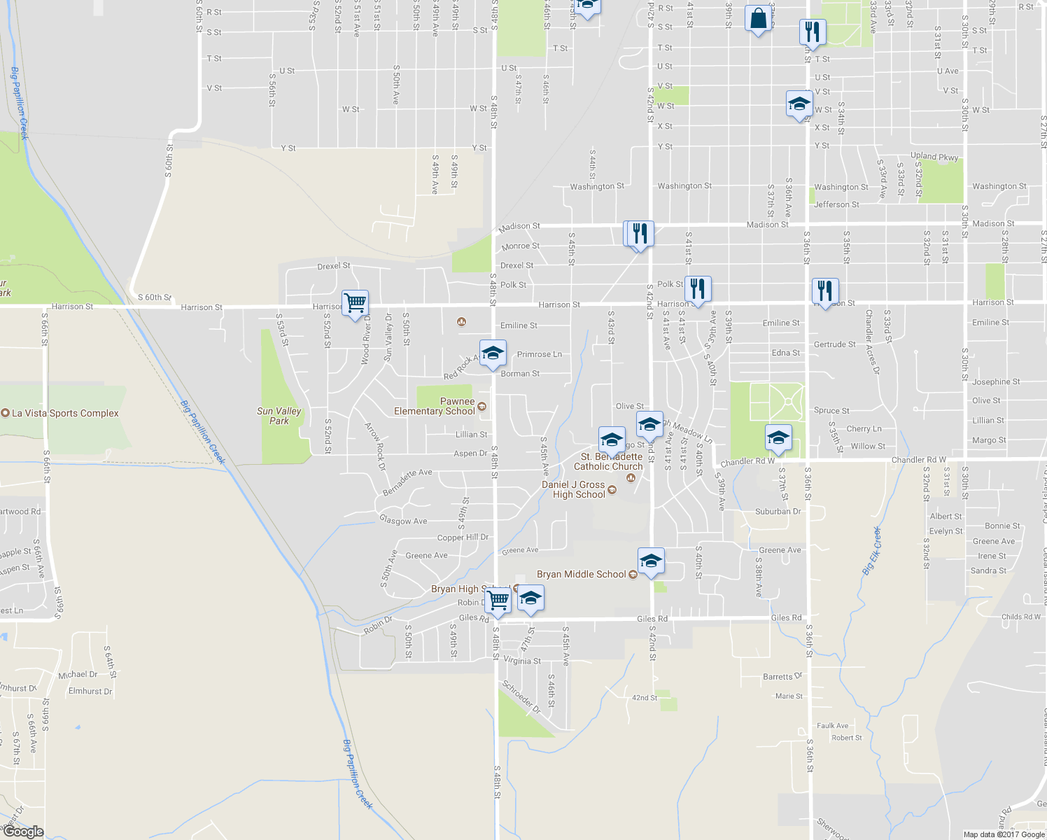 map of restaurants, bars, coffee shops, grocery stores, and more near 7508 South 46th Avenue in Bellevue