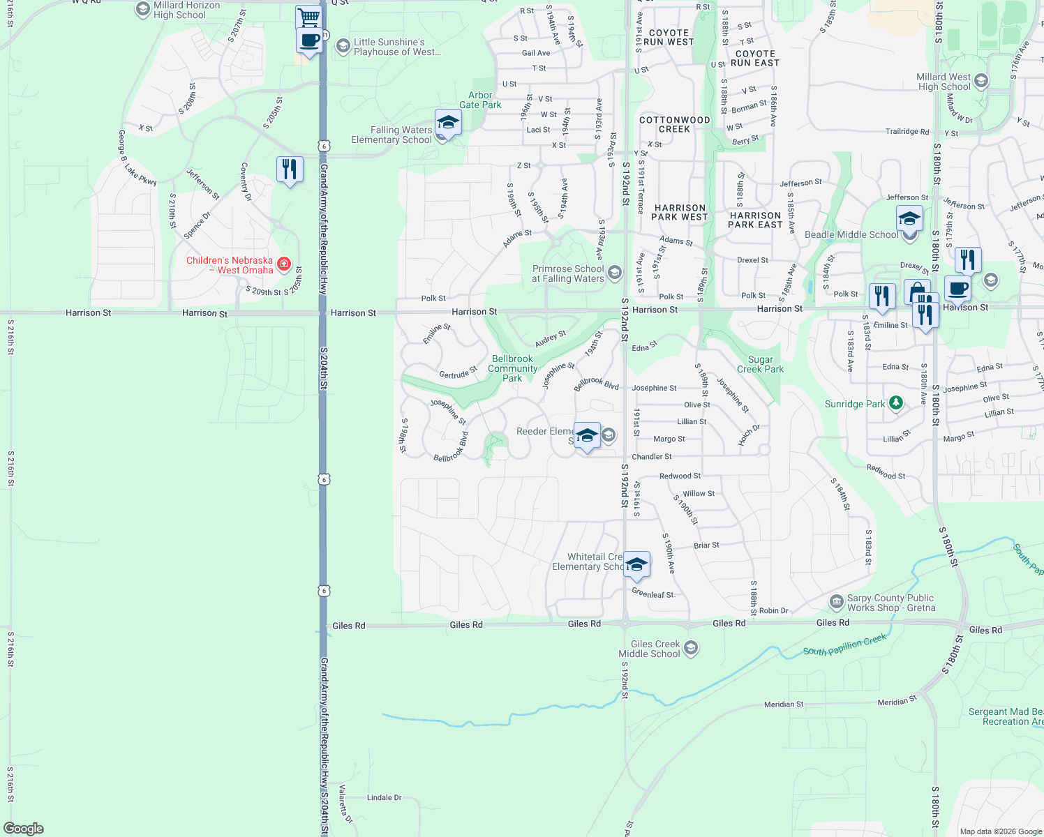 map of restaurants, bars, coffee shops, grocery stores, and more near 19614 Chandler Street in Gretna