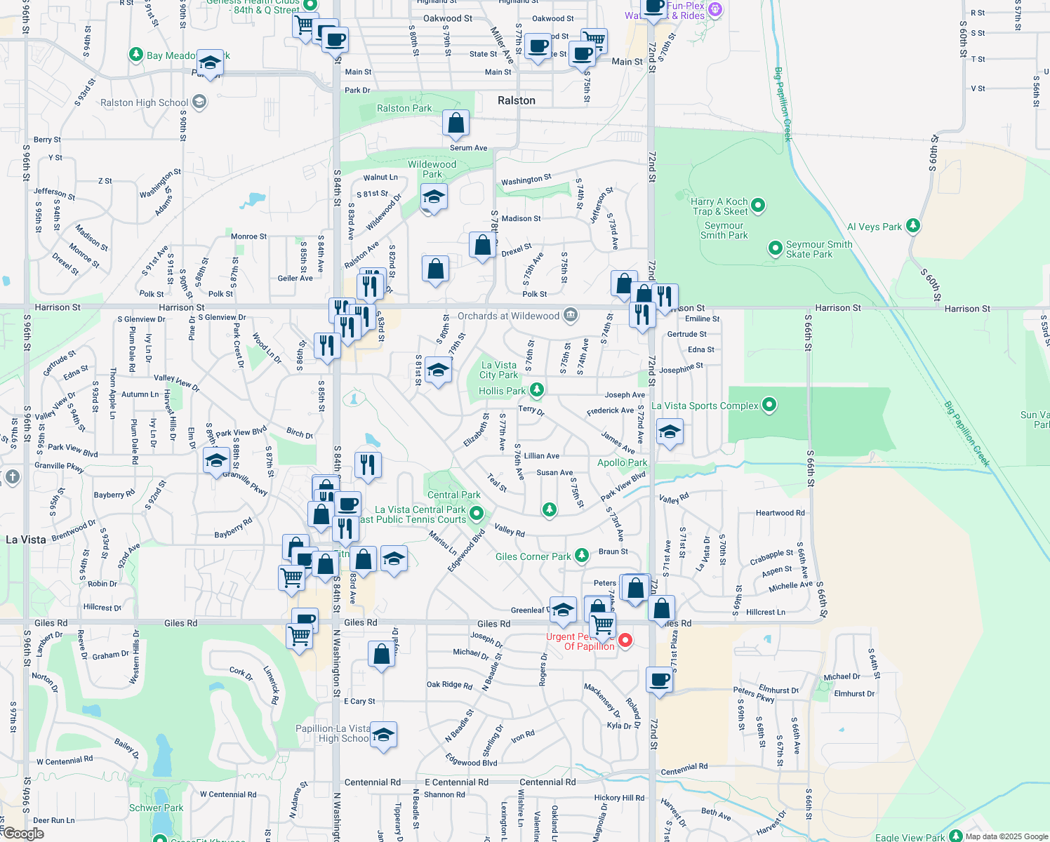 map of restaurants, bars, coffee shops, grocery stores, and more near 7544 Olive Avenue in La Vista
