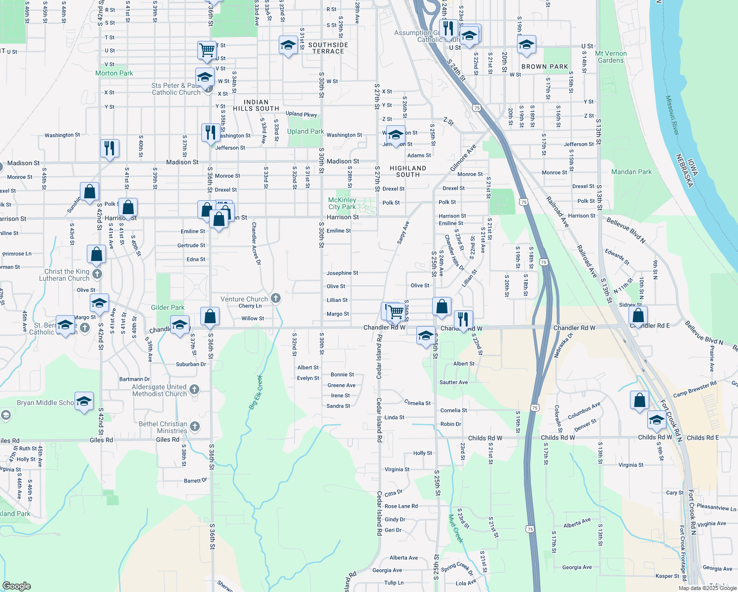 map of restaurants, bars, coffee shops, grocery stores, and more near 2714 Lillian Street in Bellevue