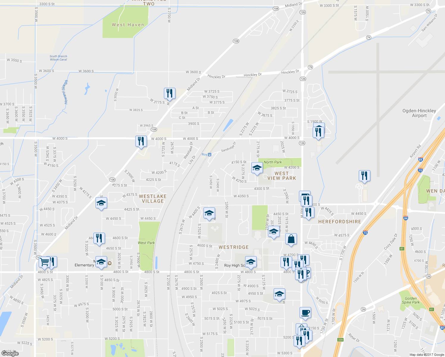 map of restaurants, bars, coffee shops, grocery stores, and more near 4269 2350 West Street in Roy