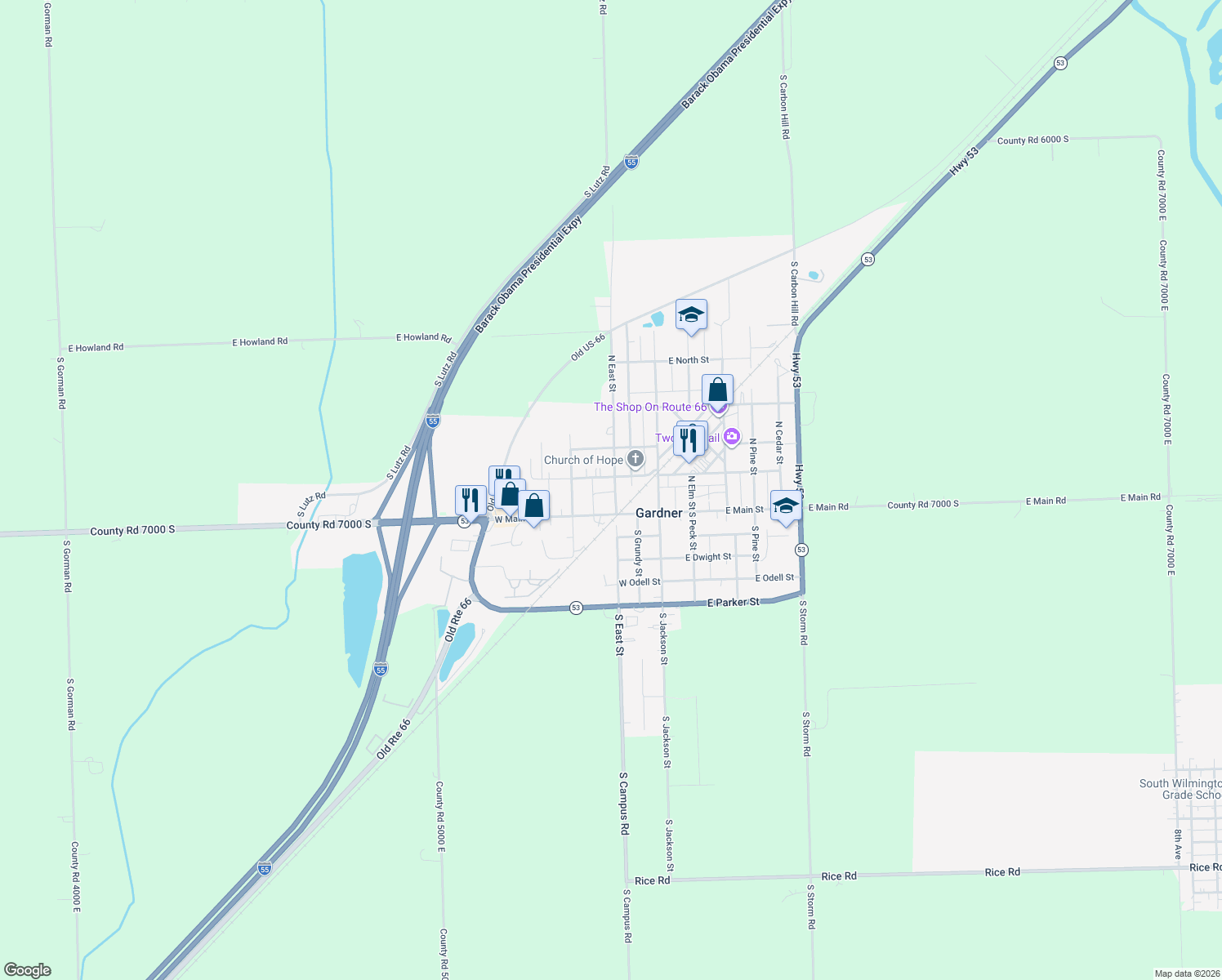 map of restaurants, bars, coffee shops, grocery stores, and more near 111 North East Street in Gardner