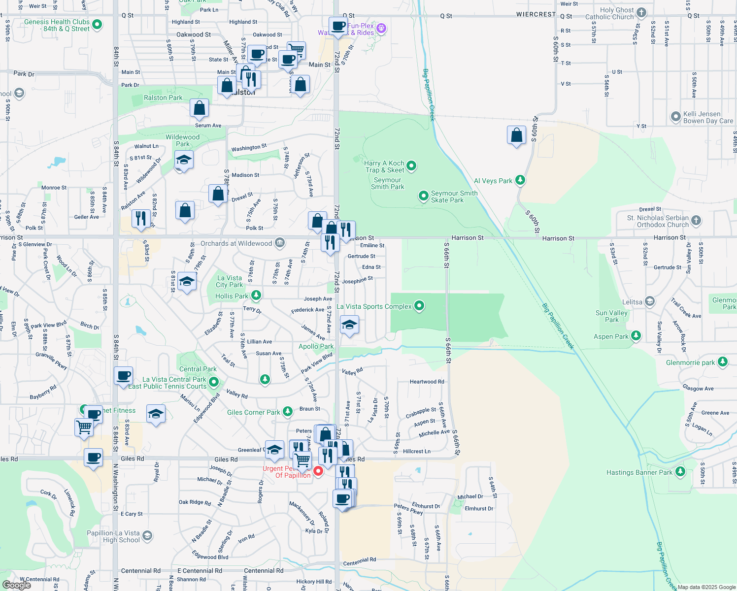 map of restaurants, bars, coffee shops, grocery stores, and more near 7323 La Vista Drive in La Vista