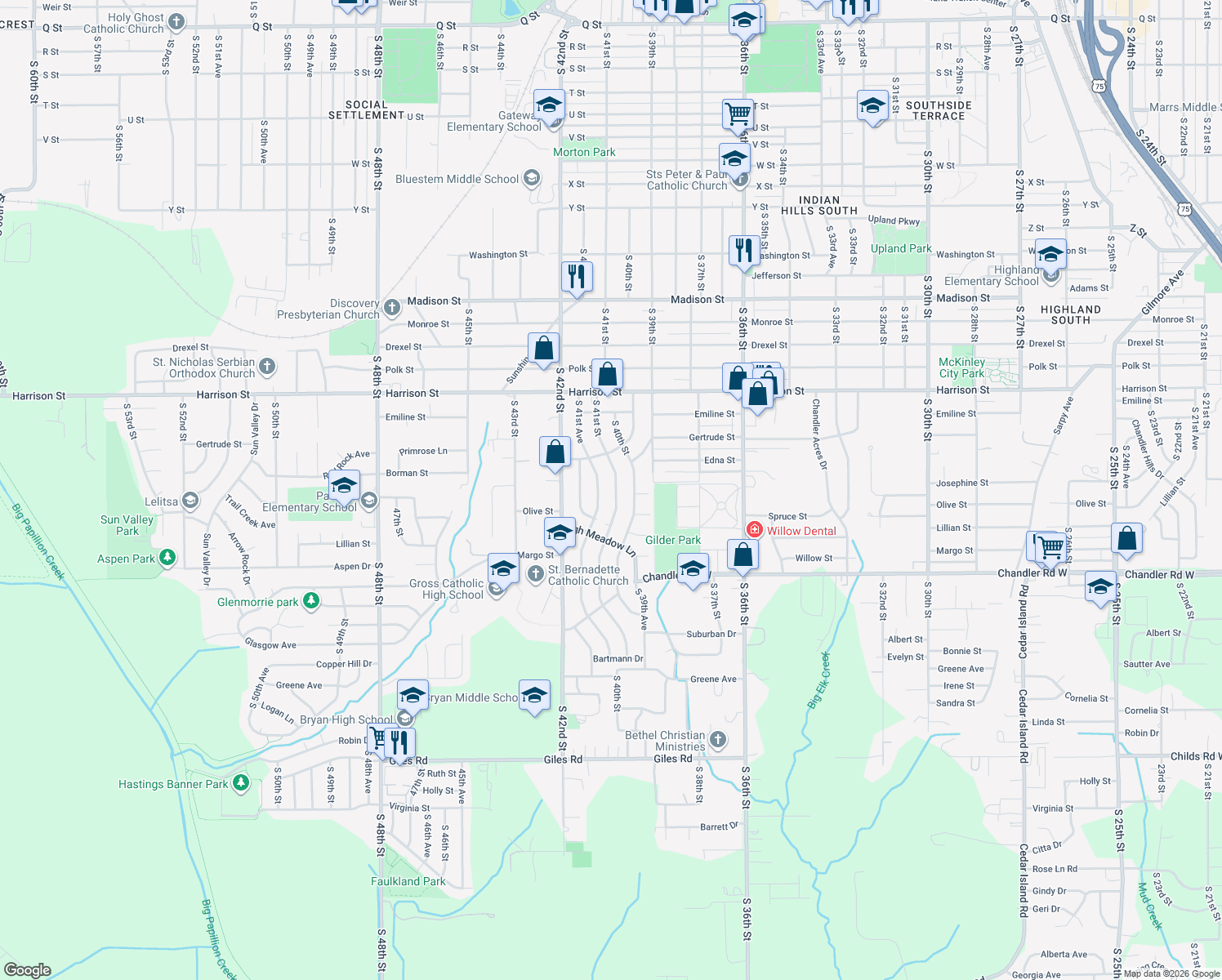 map of restaurants, bars, coffee shops, grocery stores, and more near 7306 South 41st Street in Omaha