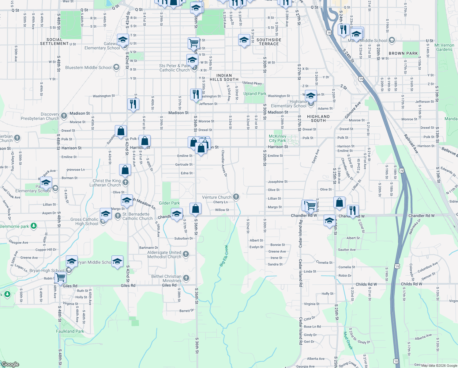map of restaurants, bars, coffee shops, grocery stores, and more near 7305 Chandler Acres Drive in Bellevue