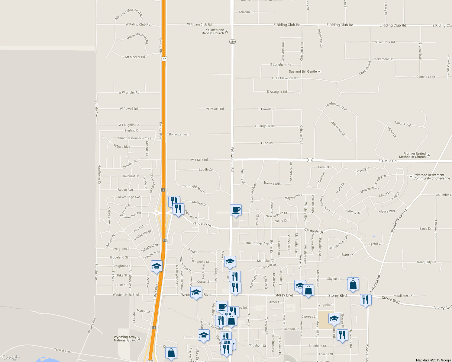 map of restaurants, bars, coffee shops, grocery stores, and more near 208 Saddle Dr in Cheyenne