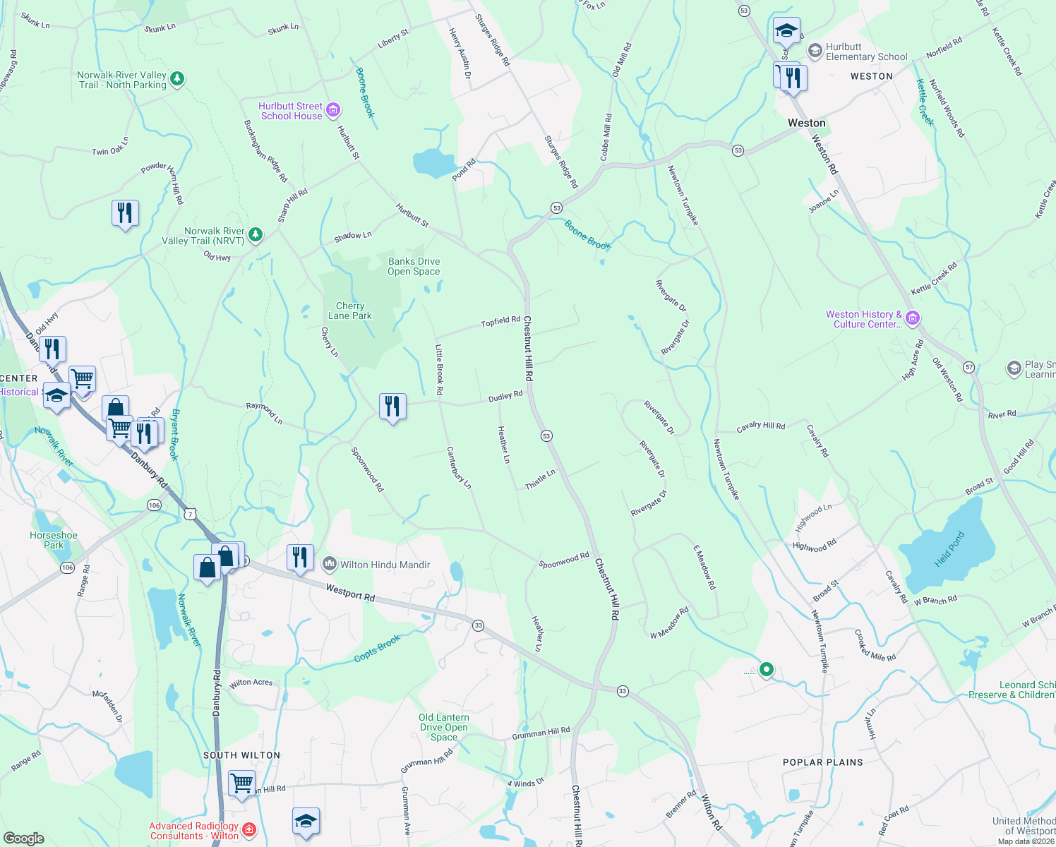 map of restaurants, bars, coffee shops, grocery stores, and more near 243 Chestnut Hill Road in Wilton