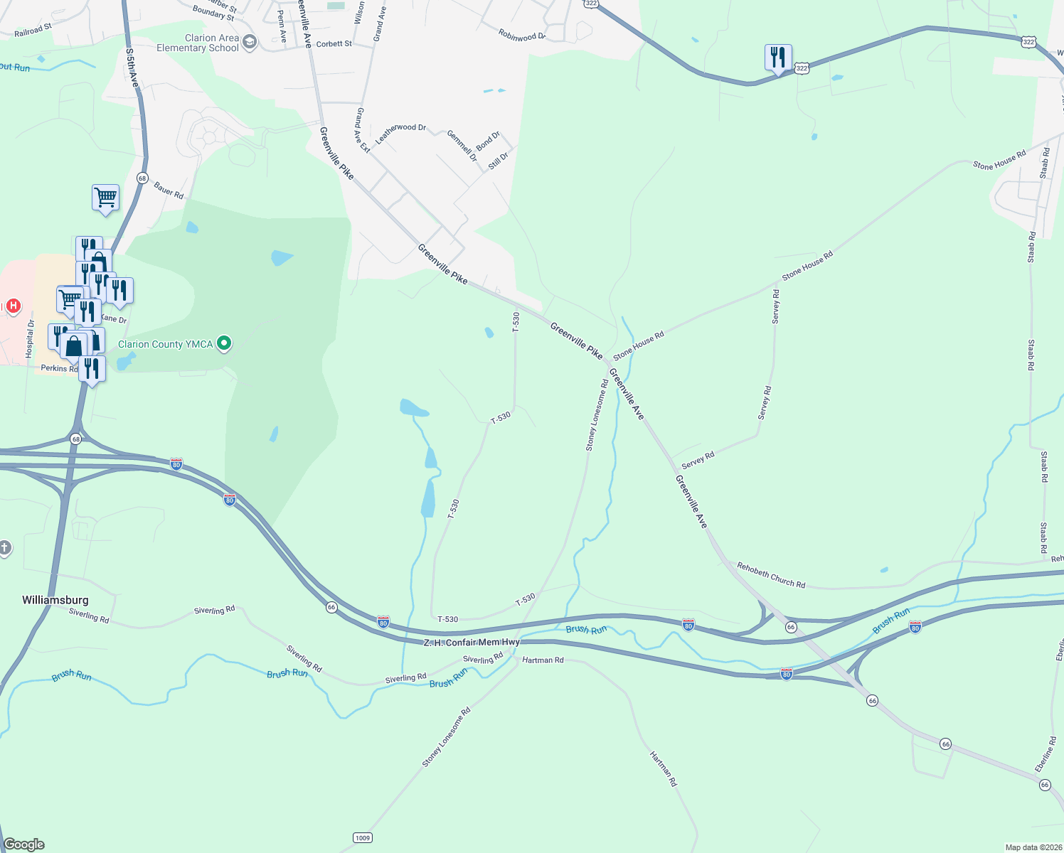 map of restaurants, bars, coffee shops, grocery stores, and more near 92 McElhattan Lane in Clarion