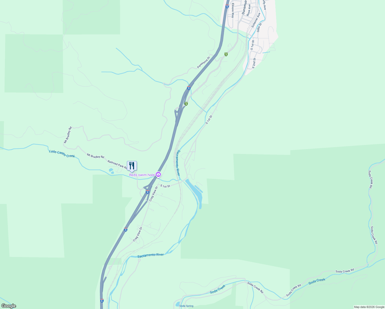 map of restaurants, bars, coffee shops, grocery stores, and more near Riverwood Park in Dunsmuir