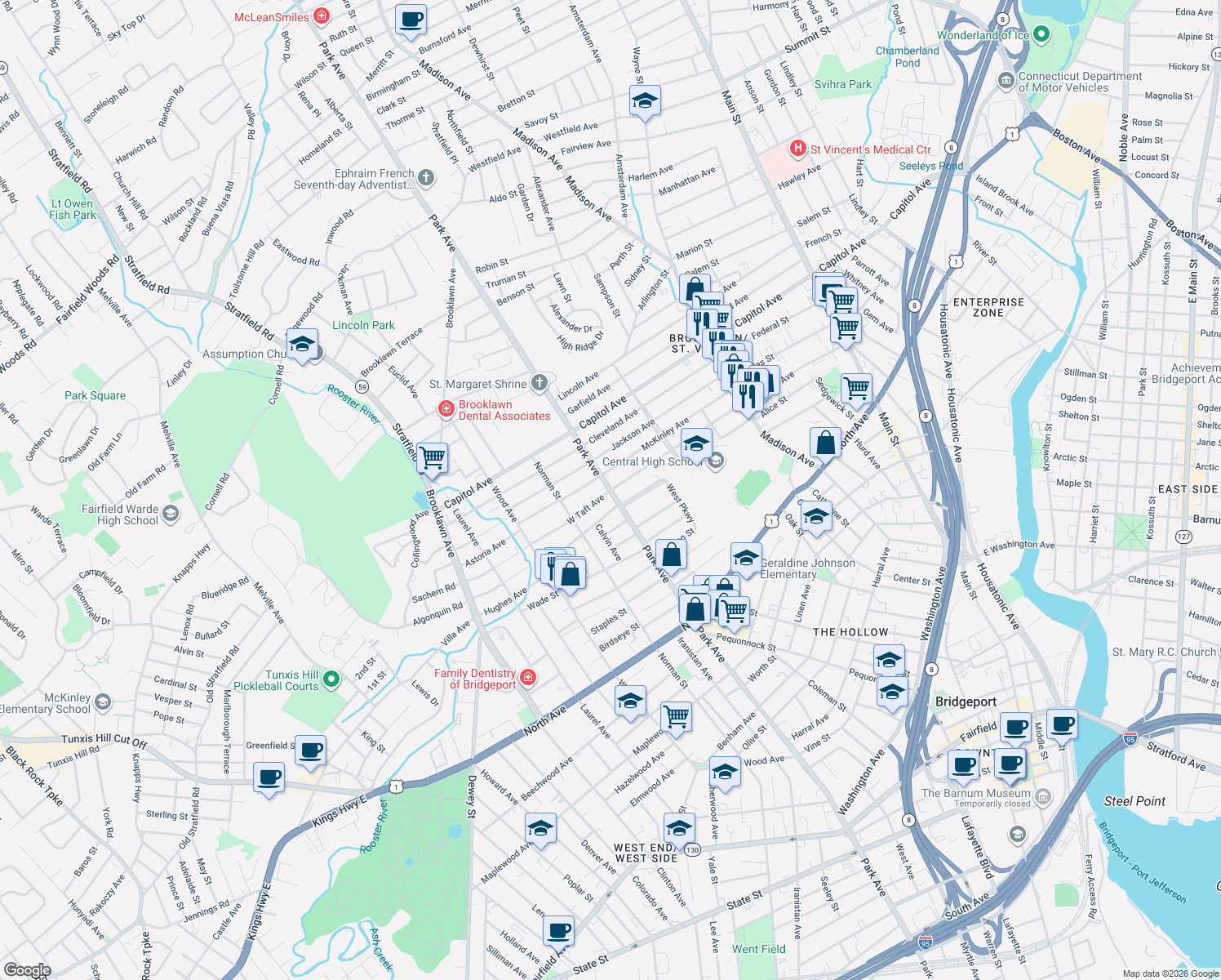 map of restaurants, bars, coffee shops, grocery stores, and more near 395 Taft Ave in Bridgeport