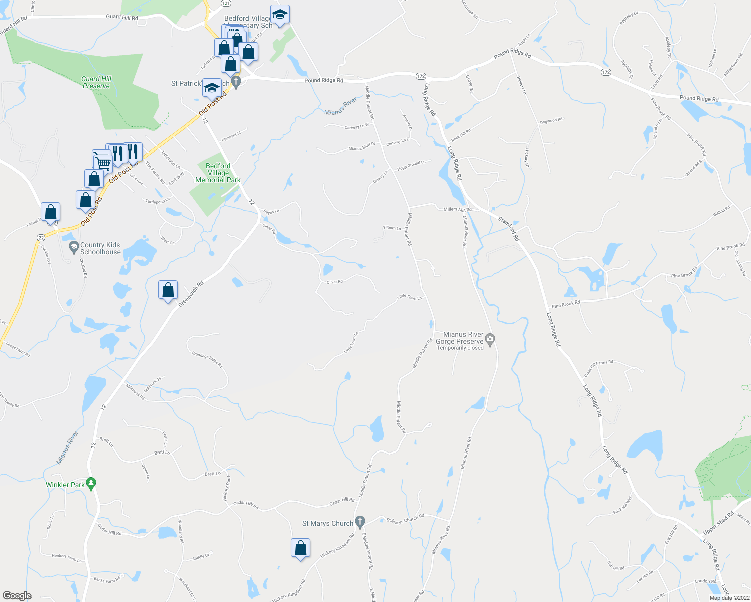 map of restaurants, bars, coffee shops, grocery stores, and more near 145 Oliver Road in Bedford
