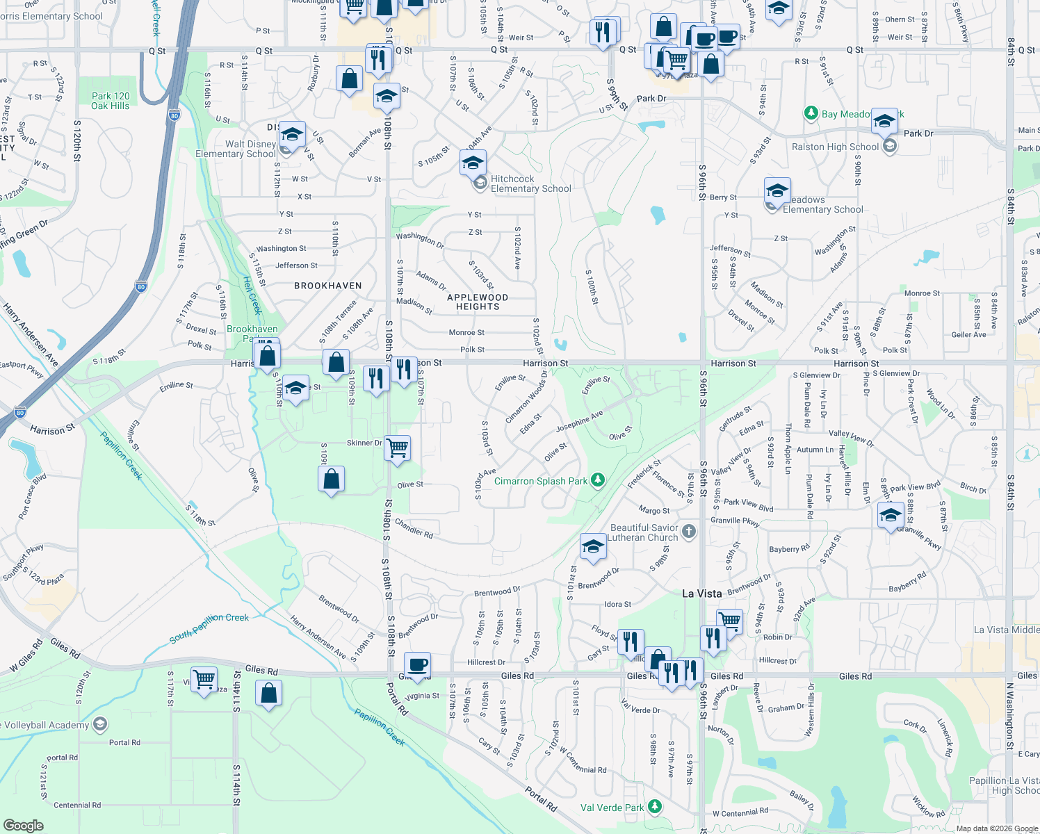 map of restaurants, bars, coffee shops, grocery stores, and more near 10243 Cimarron Woods Drive in La Vista