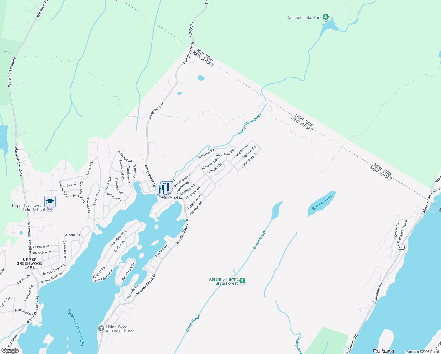 map of restaurants, bars, coffee shops, grocery stores, and more near 85 Papscoe Road in West Milford