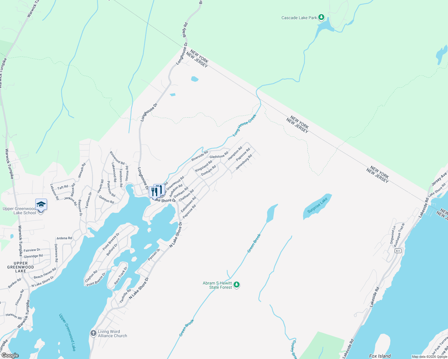 map of restaurants, bars, coffee shops, grocery stores, and more near 91 Papscoe Road in West Milford