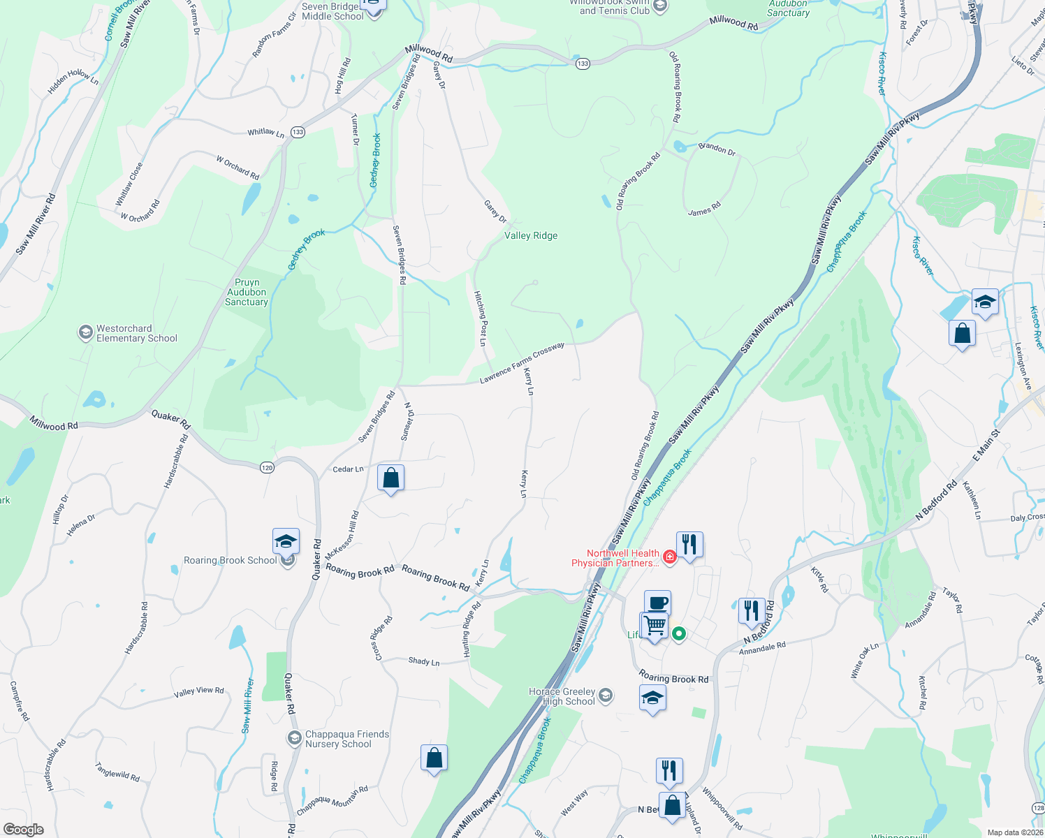 map of restaurants, bars, coffee shops, grocery stores, and more near 63 Kerry Lane in Chappaqua