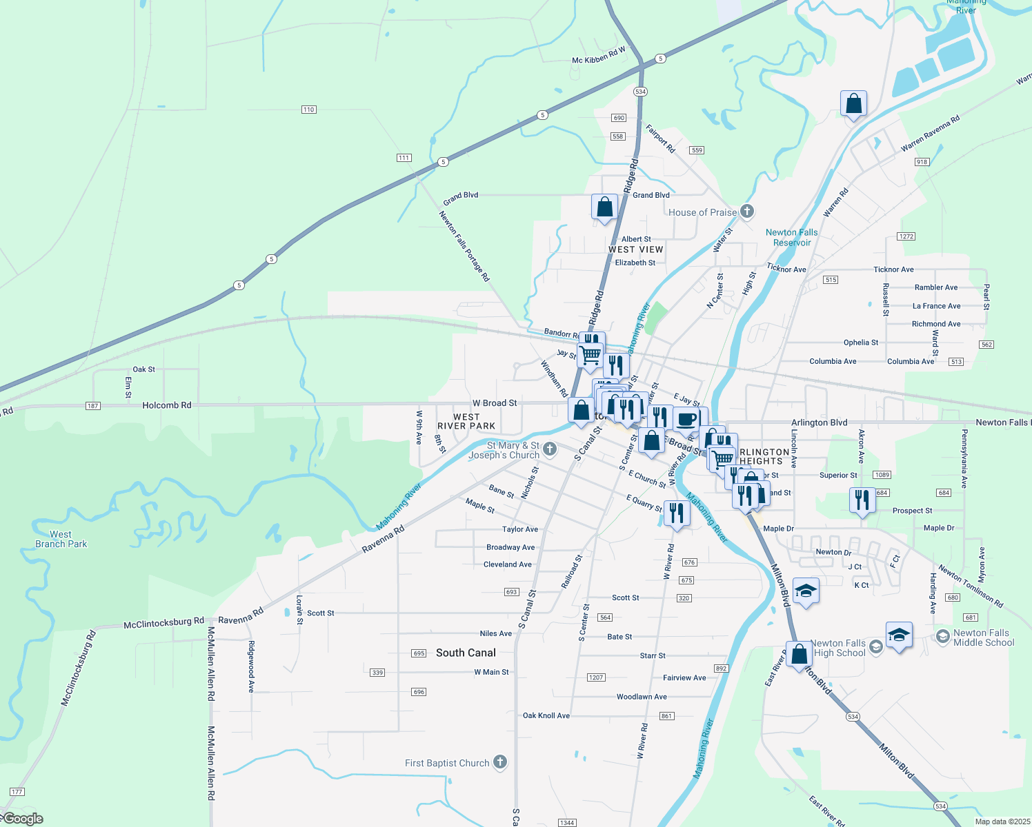 map of restaurants, bars, coffee shops, grocery stores, and more near 14 West 4th Street in Newton Falls