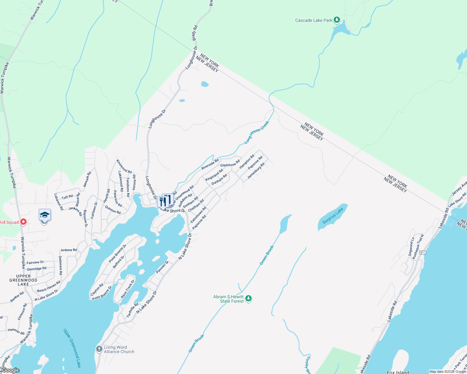 map of restaurants, bars, coffee shops, grocery stores, and more near 96 Papscoe Road in West Milford