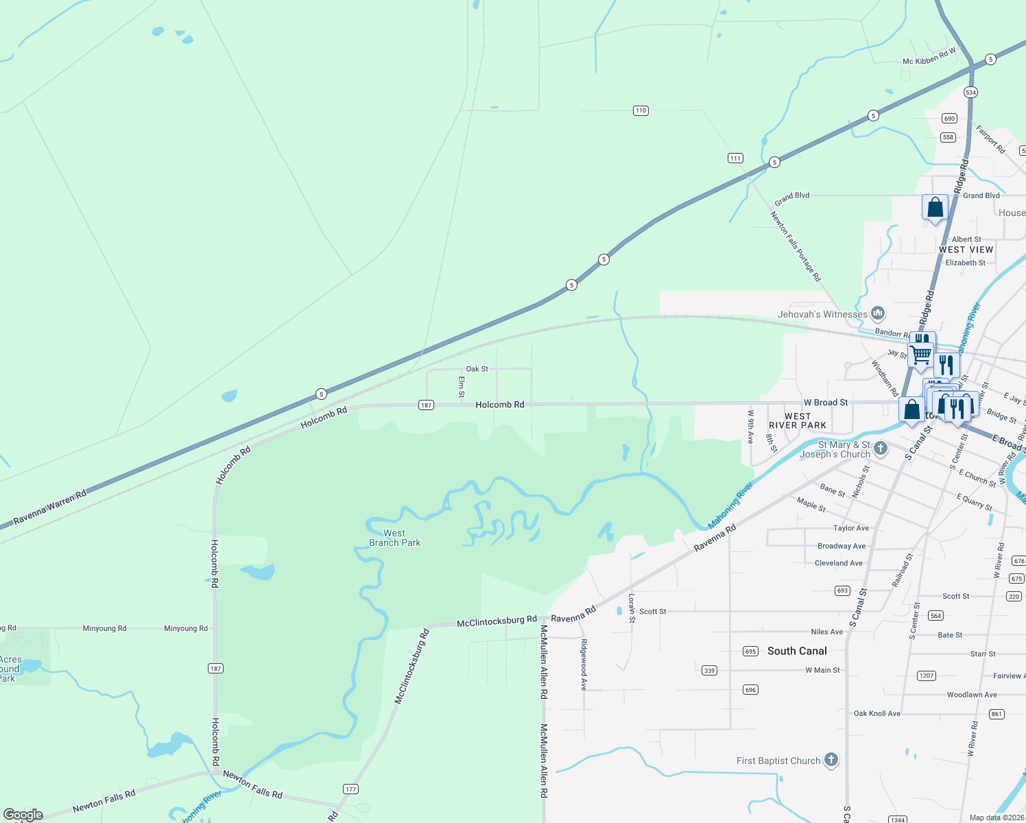 map of restaurants, bars, coffee shops, grocery stores, and more near 10676 Holcomb Road in Newton Falls